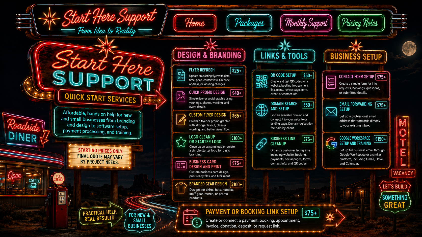 Start Here Support customer pricing sheet